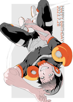 1boy a_nzi_end absurdres black_bodysuit black_eyes black_hair bodysuit boku_no_hero_academia border commentary_request dated grid_teeth happy_birthday helmet highres looking_at_viewer male_focus sero_hanta short_hair solo upside-down white_border
