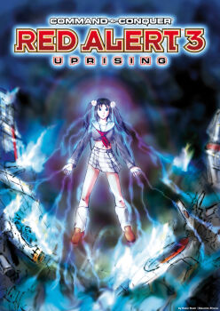 a-pose absurdres artist_name black_eyes black_hair blue_serafuku brown_shoes collarbone command_&amp;_conquer command_&amp;_conquer:_red_alert command_&amp;_conquer:_red_alert_3 commentary copyright_name electricity electrokinesis empire_of_the_rising_sun english_commentary floating hair_tie highres kane_nash knees levitation looking_at_viewer loose_socks midriff navel neckerchief palms red_neckerchief ruins sailor_collar school_uniform serafuku serious shoes signature skirt socks straight-on striped_clothes striped_skirt telekinesis title twintails white_sailor_collar white_socks yuriko_omega