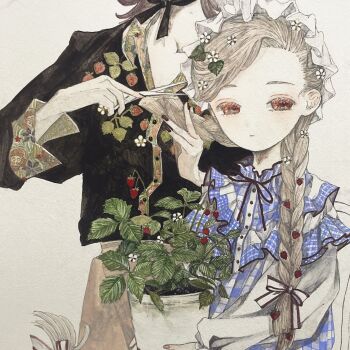2girls blue_dress bow braid brown_hair checkered_clothes closed_mouth collar commentary_request cutting_hair dress expressionless flower food frilled_collar frills fruit hair_flower hair_ornament hair_ribbon hashtag-only_commentary highres holding holding_scissors karintoun leaf long_hair long_sleeves looking_at_viewer multiple_girls neck_ribbon original painting_(medium) pale_skin parted_bangs plant potted_plant puffy_sleeves red_eyes ribbon scissors strawberry strawberry_plant traditional_media upper_body watercolor_(medium) white_background
