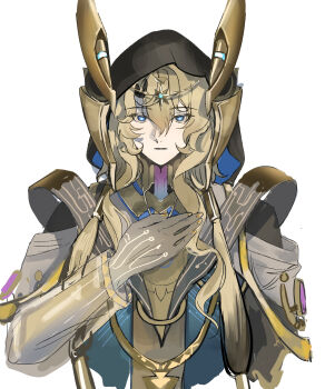 1boy absurdres black_cloak blonde_hair blue_eyes body_markings chinese_commentary cloak colored_extremities commentary_request hair_between_eyes hair_tubes hand_on_own_chest headgear highres hood hood_up hooded_cloak long_hair looking_at_viewer male_focus minglu_(gululu) parted_lips solo the_shaper_(wuthering_waves) upper_body wuthering_waves yellow_nails