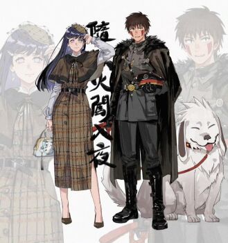 Rule 34 | 1boy, 1girl, akamaru (naruto), bag, belt, belt buckle, black belt, black cape, black footwear, blue hair, boots, brown hair, buckle, byakugan, cape, capelet, dog, dress, earrings, facial mark, full body, gaozijie422, hat, holding, holding bag, holding leash, holding unworn clothes, holding unworn hat, hyuuga hinata, inuzuka kiba, jacket, jewelry, leash, long hair, military hat, military jacket, military uniform, naruto (series), naruto shippuuden, unworn hat, unworn headwear, white eyes