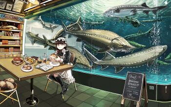 1girl apron aquarium black_boots black_dress black_socks blunt_bangs bookshelf boots braid braided_ponytail brown_hair burger chair closed_mouth dress drink fish fish_tank food food_bite frilled_apron frills hair_over_shoulder hat highres hiroya_(hirogaya_02) holding holding_burger holding_food indoors kneehighs long_hair looking_at_viewer maid maid_apron mob_cap on_chair original potato_wedges restaurant revision sitting socks solo sturgeon_(fish) table wide_shot yellow_eyes