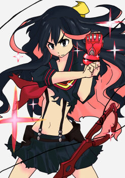 1girl absurdres belt black_hair cosplay derivative_work female_focus gloves grey_background grey_eyes highres kantai_collection kill_la_kill long_hair looking_at_viewer macbail matoi_ryuuko matoi_ryuuko_(cosplay) messy_hair multicolored_hair naganami_(kancolle) navel red_glove school_uniform scissor_blade_(kill_la_kill) senketsu serafuku single_glove skirt solo sparkle suspender_skirt suspenders two-tone_hair very_long_hair wavy_hair