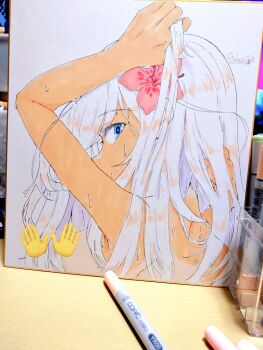 Rule 34 | 1girl, adjusting hair, alakoala, blue eyes, breasts, censored, commentary request, emoji, emoji censor, flower, from behind, hair between eyes, hair flower, hair ornament, hands up, kantai collection, long hair, looking at viewer, marker (medium), nude, photo (medium), pink flower, ro-500 (kancolle), shikishi, sidelocks, small breasts, solo, tan, tanline, traditional media, turning head, white hair