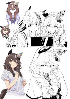 Rule 34 | 2girls, animal ears, braid, breasts, brown eyes, brown hair, casual, cellphone, chibi, chrono genesis (umamusume), commentary request, curren bouquetd'or (umamusume), detached sleeves, hair between eyes, hair ornament, horse ears, kfhhen, long hair, looking at viewer, low twin braids, multiple girls, phone, school uniform, smile, solo, tracen school uniform, twin braids, umamusume, white background