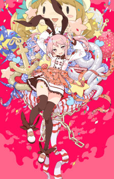 Rule 34 | 1girl, absurdres, aka ringo, anchor symbol, animal ears, anniversary, apron, arms up, balloon, black thighhighs, blush, bracelet, breasts, chain, commentary request, confetti, dress, error musume, fake animal ears, floral print, hair bobbles, hair ornament, heart, highres, jewelry, kantai collection, looking at viewer, official alternate costume, open mouth, pink apron, pink eyes, pink hair, rabbit ears, rabbit pose, sazanami (kancolle), sidelocks, solo, star (symbol), thighhighs, twintails, waist apron, white dress
