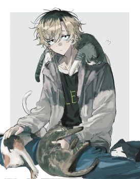 1boy animal animal_on_shoulder black_eyes black_shirt blue_pants border bored brown_hair cat cat_on_shoulder closed_mouth denim feet_out_of_frame grey_background grey_jacket hair_between_eyes hashtag-only_commentary highres hood hood_down hooded_jacket jacket jeans long_sleeves looking_at_viewer male_focus multicolored_hair open_clothes open_jacket original outside_border pants parted_bangs roots_(hair) sanpaku shirt short_hair sini_user solo white_border