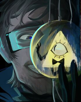 1boy beard_stubble bill_cipher black_gloves bow bowtie close-up distortion encasement evil_grin evil_smile facial_hair ford_pines glasses gloves gravity_falls grey_eyes grey_hair grin hand_up highres holding holding_orb mullet n0cturnalcm orb portrait slit_pupils smile stubble wide-eyed