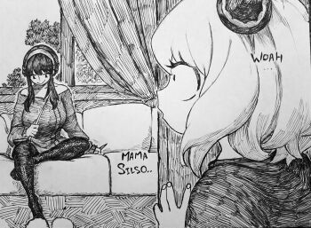 2girls absurdres anya_(spy_x_family) breasts child chronozbergh closed_mouth collarbone commentary couch curtains dagger dress english_commentary english_text greyscale hairband hairpods highres holding holding_dagger holding_knife holding_weapon hollow_knight hollow_knight:_silksong indoors knife large_breasts long_hair long_sleeves monochrome multiple_girls off-shoulder_sweater off_shoulder on_couch pantyhose sitting smile spy_x_family sweater sweater_dress traditional_media weapon yor_briar