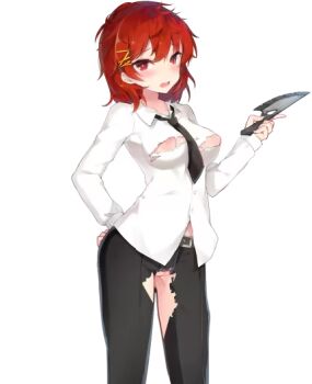 1girl belt black_belt black_necktie black_pants blush breasts censored collared_shirt embarrassed feet_out_of_frame game_cg hair_between_eyes hair_ornament hairclip hand_on_own_hip holding holding_knife holding_weapon jewelry_(pronant_symphony) knife large_variant_set long_sleeves looking_at_viewer medium_breasts medium_hair mosaic_censoring necktie nipple_slip nipples open_mouth pants pronant_symphony pussy raised_inner_eyebrows red_eyes red_hair shirt simple_background solo standing tachi-e tefun_(tehun) third-party_source torn_clothes torn_pants torn_shirt transparent_background tsurime untucked_shirt variant_set weapon white_shirt