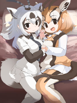 2girls animal_ears arabian_oryx_(kemono_friends) black_necktie blush brown_eyes brown_hair brown_pantyhose brown_shirt collared_shirt epaulettes extra_ears gazelle_ears gazelle_girl gazelle_horns gazelle_tail hair_between_eyes highres holding_hands kemono_friends koutsuu_(koutuukanseikan) long_sleeves lying multicolored_hair multicolored_pantyhose multiple_girls necktie on_bed on_side open_mouth orange_necktie pantyhose pleated_skirt puffy_sleeves shirt short_sleeves sidelocks skirt smile thomson&#039;s_gazelle_(kemono_friends) two-tone_hair white_hair white_pantyhose white_shirt white_skirt