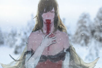 Rule 34 | 1girl, bad id, bad pixiv id, bare shoulders, blonde hair, blood, blood from mouth, blood in mouth, blood trail, blurry, depth of field, dress, elbow gloves, facing viewer, fangs, female focus, forest, fur trim, gloves, hand on own chest, ishidah, kiss-shot acerola-orion heart-under-blade, long hair, looking at viewer, monogatari (series), nature, oshino shinobu, slit pupils, smearing, snowflakes, snowing, solo, strapless, strapless dress, tongue, tongue out, blood trail, tree, vampire, very long hair, white gloves, yellow eyes