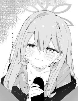 1boy 1girl absurdres blue_archive blush commentary greyscale halo handjob hetero highres konoka_(blue_archive) long_hair mask monochrome mouth_mask nui_(nuinui0300) penis