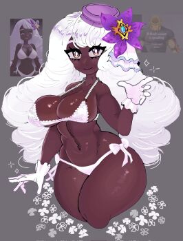 1girl alternate_breast_size_(larger) belly bikini blush breasts cleavage cowboy_shot curvy dark-skinned_female dark_skin frilled_bikini frills gloves hair_ornament hand_up highres jacinthe_(pokemon) large_breasts lips long_hair looking_at_viewer low_drills miaval_tec navel nintendo photo-referenced pokemon pokemon_legends:_z-a purple_eyes purple_hair shiny_skin side-tie_bikini_bottom smile solo swimsuit teeth thong thong_bikini very_dark_skin very_long_hair white_bikini white_gloves wide_hips
