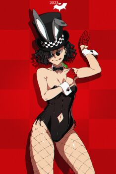 1girl 2023 artist_name black_hair black_leotard candy commentary_request fishnet_pantyhose fishnets food gloves hat highres holding holding_candy holding_food holding_lollipop iwado_anna kamezaemon leotard lollipop multicolored_hair original pantyhose red_gloves round_eyewear solo streaked_hair top_hat