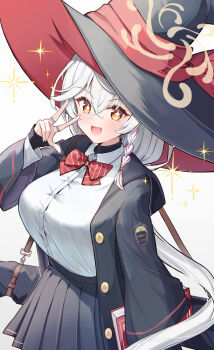 1girl black_jacket black_skirt blue_archive blush book bow bowtie braid breasts buttons collared_shirt commentary_request crossed_bangs diagonal-striped_bow diagonal-striped_bowtie diagonal-striped_clothes eri_(blue_archive) gold_trim hair_between_eyes halo hand_up hat hat_ribbon highres holding holding_book jacket jewelry large_breasts long_hair long_sleeves looking_at_viewer low-tied_long_hair multicolored_hair multiple_rings open_clothes open_jacket open_mouth pleated_skirt red_bow red_bowtie red_ribbon red_streaks red_trim ribbon ring sakura_ani shirt shirt_tucked_in side_halo simple_background single_braid skirt smile solo sparkle sparkling_eyes standing strap streaked_hair striped_bow striped_bowtie striped_clothes tilted_halo two-sided_fabric two-sided_headwear unbuttoned_jacket very_long_hair white_background white_hair white_shirt wild_hunt_academy_of_arts_logo witch_hat yellow_eyes yellow_halo