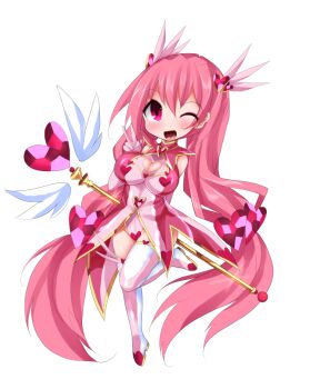 1girl boots breasts chibi cleavage cleavage_cutout clothing_cutout elbow_gloves female_focus full_body gloves heart_cutout holding holding_staff large_breasts leotard long_hair looking_at_viewer magical_girl nagai_wataru one_eye_closed open_mouth original pink_eyes pink_hair shiny_clothes smile solo staff thigh_boots thighhighs transparent_background v
