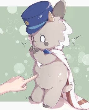 Rule 34 | blue hat, body fur, border, brown horns, cape, chrocatz, claws, commentary request, dot nose, fat, green background, grey fur, hat, heart, highres, horns, japan railways, nagamo (nagano station), out of frame, outside border, parted lips, poking belly, short tail, solo focus, standing, tail, white border