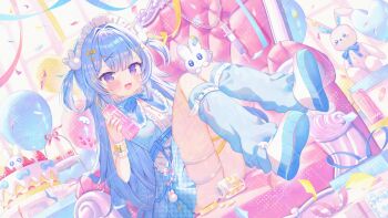 1girl :d apron armchair balloon bendy_straw blue_hair blue_shirt blue_skirt blue_socks blush bottle box cake can center_frills chair commentary_request confetti copyright_request drinking_straw energy_drink food frilled_apron frills fruit gift gift_box hair_ornament hairclip holding holding_can ikari_(aor3507) kneehighs knees_up long_hair looking_at_viewer loose_socks maid_headdress monster_energy official_art on_chair open_mouth pill pleated_skirt purple_eyes shirt shoe_soles shoes sitting skirt smile socks solo strawberry streamers stuffed_animal stuffed_rabbit stuffed_toy two_side_up very_long_hair virtual_youtuber waist_apron white_apron white_shoes window x_hair_ornament