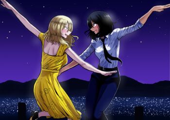 Rule 34 | 2girls, akutagawa joo, andou (girls und panzer), belt, black belt, black footwear, black hair, black neckwear, black pants, blonde hair, blue eyes, blue sky, brown eyes, city lights, commentary request, couple, crossdressing, crossdressing (ftm), dancing, dark-skinned female, dark skin, dress, dress shirt, eyelashes, from side, girls und panzer, highres, la la land, long dress, looking at another, loose necktie, medium hair, messy hair, multiple girls, necktie, night, open mouth, oshida (girls und panzer), pants, print dress, shirt, shoes, sky, sleeveless, sleeveless dress, smile, white shirt, wing collar, yellow dress, yuri