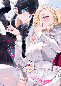 1girl absurdres apron black_apron black_dress black_hair blonde_hair blue_eyes breasts cake cake_slice commentary_request dress food fork fruit garter_straps highres holding holding_fork holding_knife knife large_breasts long_sleeves maid maid_headdress multicolored_hair original ouchi_kaeru parted_lips pink_eyes pink_hair solo strawberry streaked_hair thighhighs white_apron white_dress white_garter_straps white_thighhighs