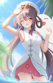 1girl absurdres blush boo_tao_(genshin_impact) breasts brown_hair commentary_request day dress eyewear_on_head fingernails genshin_impact hair_between_eyes hand_up hat highres hu_tao_(cherries_snow-laden)_(genshin_impact) hu_tao_(genshin_impact) hyakuya_iori long_hair looking_at_viewer medium_breasts nail_polish official_alternate_costume one_eye_closed open_mouth outdoors red-tinted_eyewear red_eyes red_nails signature sleeveless sleeveless_dress solo star-shaped_pupils star_(symbol) symbol-shaped_pupils tinted_eyewear twintails twitter_username very_long_hair white_dress white_hat yellow-framed_eyewear