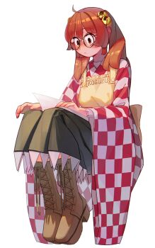 1girl absurdres apron bell book boots brown_boots checkered_clothes checkered_kimono closed_mouth cross-laced_footwear full_body glasses green_hakama hair_bell hair_ornament hakama highres housulu japanese_clothes kimono medium_hair motoori_kosuzu orange_eyes orange_hair reading round_eyewear simple_background touhou white_background yellow_apron