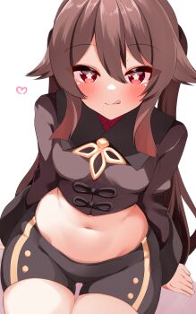 1girl :q absurdres arm_support black_shorts blush breasts brown_hair commentary_request cowboy_shot crop_top flower-shaped_pupils genshin_impact heart highres hu_tao_(genshin_impact) long_hair long_sleeves looking_at_viewer midriff navel pia_(botamochinjufu) red_eyes shorts sidelocks sitting small_breasts solo symbol-shaped_pupils tongue tongue_out white_background
