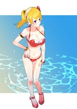 1girl alia_(mega_man) bare_shoulders bikini blonde_hair blue_eyes breasts cleavage full_body high_ponytail highres large_breasts mega_man_(series) mega_man_x_(series) navel ponytail red_bikini revision rikka_(user_hruv2435) robot_girl solo swimsuit water_drop
