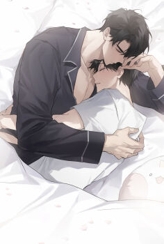 2boys black-shirt black_hair closed_eyes cuddling elbow_rest hand_on_another&#039;s_back head_on_pillow head_rest highres hug kim_dokja male_focus multiple_boys omniscient_reader&#039;s_viewpoint partially_open_shirt pectoral_cleavage pectorals pillow shirt short_hair tanppopo9 under_covers upper_body white_shirt yaoi yoo_joonghyuk