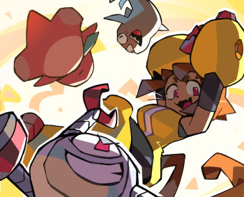 1girl 3boys animal_ears brown_hair cat_ears cat_girl cat_tail commentary dinosaur dress english_commentary explosion explosion_background flappers_(gameoverse) furry furry_female gameoverse gauntlets gobbles_(gameoverse) goggles goggles_on_head highres kaboodle_(gameoverse) kit_bodega multiple_boys niking red_eyes robot sleeveless smile tail toon_(style) whiskers yellow_dress yellow_gauntlets