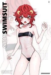 Rule 34 | 1girl, anies kouhai, blush, breasts, bright pupils, commentary request, cowboy shot, english text, fang, gris swimsuit, highres, looking down, meme attire, navel, open mouth, orange eyes, original, red hair, see-through, small breasts, solo, strapless, strapless one-piece swimsuit, sweat, swimsuit, white pupils, zoom layer