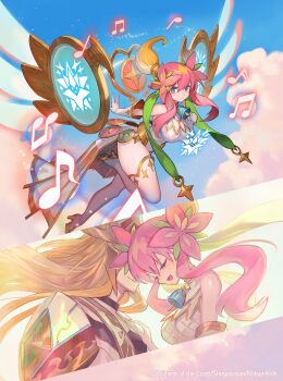1boy 1girl bare_shoulders beamed_eighth_notes bell blonde_hair blue_eyes boots breasts closed_eyes closed_mouth copyright_notice duel_masters eighth_note elbow_gloves flower gloves gold_trim hair_flower hair_ornament highleg highleg_leotard highres lack large_breasts leg_up leotard long_hair magic_circle multicolored_eyes musical_note neck_bell official_art open_mouth pink_eyes pink_hair profile rafululu_love_(duel_masters) sidelocks sky split_screen thigh_boots thighhighs thighhighs_under_boots very_long_hair white_boots white_gloves wings