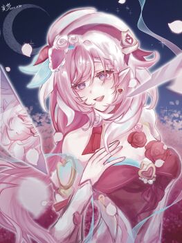 1girl absurdres beret breasts chinese_commentary commentary_request crystal_shards diamond-shaped_pupils diamond_(shape) dress earrings elf elysia_(hi_love_elf)_(honkai_impact) elysia_(honkai_impact) falling_petals field flower flower_field hand_on_own_chest hat heart heart_earrings highres honkai_(series) honkai_impact_3rd jewelry large_breasts long_hair looking_at_viewer multicolored_hair night night_sky petals pink_hair pointy_ears purple_eyes red_dress sky smile solo symbol-shaped_pupils two-tone_hair very_long_hair white_hair xuji_yu_rain