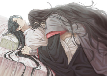 Rule 34 | 2boys, bindi, black hair, black hanfu, chinese clothes, closed eyes, closed mouth, commentary request, corpse, curtained hair, dutch angle, feet out of frame, half updo, hanfu, head on chest, head on pillow, layered sleeves, long hair, long sleeves, luo binghe, lying, lying on person, male focus, mina (o414), multiple boys, on back, on stomach, pillow, renzha fanpai zijiu xitong, ribbon, ribboned xiao guan, scene reference, shen qingqiu, spoilers, very long hair, wavy hair, white background, white hanfu, white ribbon, wide sleeves
