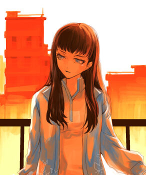 1girl black_hair blue_eyes blue_jacket building collared_shirt commentary_request fence floral_print highres isonokami_tao jacket kaosuwaruta long_hair looking_to_the_side open_clothes open_jacket shin_megami_tensei shin_megami_tensei_v shirt solo sunset upper_body white_shirt