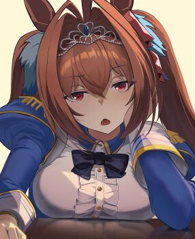 1girl animal_ears blue_dress blue_gemstone bored bow bowtie breast_press breasts brown_hair daiwa_scarlet_(peak_blue)_(umamusume) daiwa_scarlet_(umamusume) dress epaulettes fangs gem hair_between_eyes hair_bow hair_intakes hand_on_own_cheek hand_on_own_face head_rest highres horse_ears horse_girl indoors jewelry juliet_sleeves large_breasts long_hair long_sleeves looking_at_viewer o_ko_ge2024 open_mouth pov puffy_sleeves red_eyes revision simple_background solo tiara twintails umamusume upper_body white_background