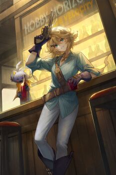 1girl alcohol aqua_eyes aqua_shirt bar_(place) bar_stool belt black_footwear black_gloves blonde_hair bottle brown_belt cartridge cup doki_amber_doge_(dokibird) dokibird dokibird_(bounty_hunter) drinking_glass dutch_angle english_text feet_out_of_frame from_below gloves gun hair_ornament hairclip handgun highres holding holding_cup holding_weapon ijac_ray indie_virtual_youtuber indoors leaning_on_table looking_at_viewer medium_hair neckerchief orange_neckerchief pants revolver shirt sleeves_pushed_up smile smoke smoking_barrel solo stool untucked_shirt virtual_youtuber weapon white_pants wine_bottle