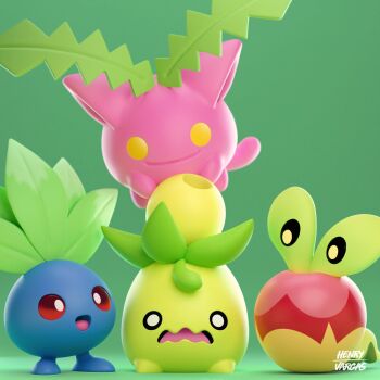 animal animal_focus apple applin artist_name bright_pupils commentary english_commentary food fruit gen_1_pokemon gen_2_pokemon gen_8_pokemon green_background henry_vargas highres hoppip nintendo no_humans no_pupils oddish pokemon pokemon_(creature) scared smile smoliv white_pupils