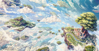 above_clouds artist_name blue_sky castle cloud commentary commentary_request commission day english_commentary fantasy floating_island flock garutaisa mixed-language_commentary no_humans original outdoors scenery simple_bird sky tree watermark