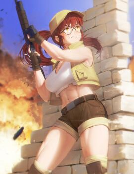 1girl abs belt black_belt black_gloves blue_sky blurry blurry_background breasts brown_hair brown_shorts cleavage clenched_teeth commentary crop_top cropped_vest english_commentary explosion feet_out_of_frame fingerless_gloves fio_germi fire glasses gloves gun hat highres holding holding_gun holding_weapon large_breasts light_particles long_hair looking_to_the_side metal_slug midriff muscular muscular_female navel numanoan on_wall open_clothes open_vest outdoors parted_lips ponytail reloading round_eyewear shirt shorts sky solo standing teeth vest weapon white_shirt yellow_eyes yellow_hat yellow_vest