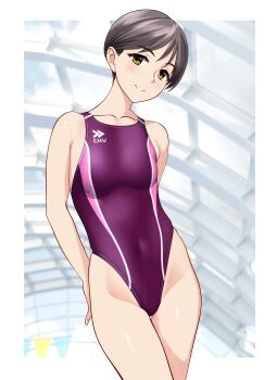 Rule 34 | 1girl, absurdres, black hair, breasts, brown eyes, collarbone, commentary request, competition swimsuit, covered navel, glass ceiling, groin, highleg, highleg one-piece swimsuit, highres, indoors, looking at viewer, mature female, medium breasts, multicolored swimsuit, one-piece swimsuit, original, purple one-piece swimsuit, short hair, smile, solo, string of flags, swimsuit, takafumi, variant set