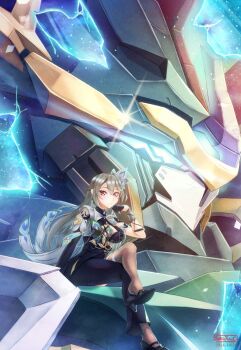 1girl green_hair honkai_(series) honkai_impact_3rd looking_at_viewer mecha pantyhose red_eyes robot sitting softiered star_traveler vita_(honkai_impact) vita_(lone_planetfarer)_(honkai_impact)