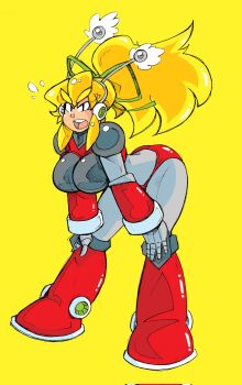 1girl android antennae armor armored_boots armored_gloves arms_up ass bent_over bikini_armor blonde_hair blue_eyes boots breasts full_body green_ribbon hair_ribbon hairband headphones highres hyper_roll_(marvel_vs._capcom) joints knee_boots knee_pads large_breasts lineart long_hair looking_at_viewer marvel_vs._capcom mechanical_arms mechanical_boots mechanical_legs mega_man_(classic) mega_man_(series) open_mouth ponytail pumpkinsareholy radio_antenna red_armor ribbon robot robot_girl robot_joints roll_(mega_man) shoulder_armor sidelocks signature simple_background solo yellow_background