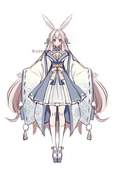 1girl aki_(sasucchi95) animal_ears arms_at_sides artist_name bare_shoulders bell blue_bow blue_sandals blush bow closed_mouth commentary detached_collar double-parted_bangs english_commentary full_body grey_hair hair_between_eyes hair_bow highres japanese_clothes kimono kneehighs legs_together long_hair long_sleeves looking_at_viewer off_shoulder original petticoat platform_sandals pom_pom_(clothes) rabbit_ears rabbit_girl red_eyes sandals sasucchi95 simple_background smile socks solo standing straight-on very_long_hair white_background white_kimono white_socks wide_sleeves yellow_bow