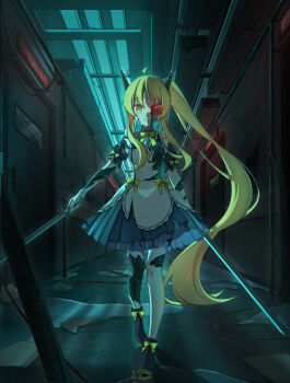 1girl absurdly_long_hair absurdres ahoge animegao black_bodysuit blonde_hair blue_dress bodysuit bodysuit_under_clothes broken_mask cluebox cosplay door dress dual_wielding frills gloves hallway highres holding holding_sword holding_weapon juliet_sleeves kigurumi latex latex_bodysuit long_hair long_sleeves mask original pantyhose ponytail puddle puffy_sleeves red_eyes reflection ribbon smile solo straight-on sword torn_clothes variant_set very_long_hair walking weapon white_gloves white_pantyhose yellow_eyes yellow_ribbon