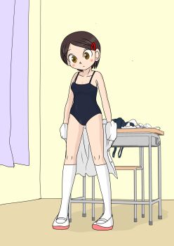 1girl black_one-piece_swimsuit black_school_swimsuit black_skirt blush bra breasts brown_eyes brown_hair chair classroom cleavage collarbone curtains desk hair_ornament hairclip kneehighs loli looking_down one-piece_swimsuit original panties pee_stain school_swimsuit sexless2012 shirt shoes short_hair skirt small_breasts socks stained_panties standing swimsuit underwear undressing unworn_bra unworn_panties unworn_shirt unworn_skirt uwabaki white_bra white_panties white_shirt white_shoes white_socks