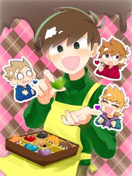Rule 34 | 4boys, :d, :o, ^ ^, alternate costume, antenna hair, apron, bilingual commentary, blue hoodie, blush, box, box of chocolates, brown eyes, brown hair, candy, character-themed food, chibi, chibi inset, chocolate, chocolate heart, closed eyes, commentary, drawstring, edd (eddsworld), eddsworld, english commentary, fewer digits, flipped hair, food, green eyes, green jacket, green sweater, hair behind ear, hair ears, heart, heart-shaped food, highres, holding, hood, hood down, hoodie, implied yaoi, incoming food, jacket, long sleeves, looking at viewer, male focus, matt (eddsworld), mixed-language commentary, multiple boys, o o, open clothes, open jacket, open mouth, orange hair, purple hoodie, red hoodie, ringo (eddsworld), roshii (ionlw0gynh24926), short hair, smile, spiked hair, sweater, tom (eddsworld), tord (eddsworld), turtleneck, turtleneck sweater, valentine, yellow apron