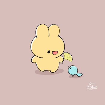 bird ginkgo_tree holding holding_leaf kuumonse33 leaf looking_at_another open_mouth original rabbit signature simple_background smile standing