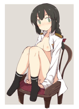 1girl anchor_symbol ankle_socks black_socks blush border borrowed_clothes bow braid breasts brown_hair chair collarbone commentary_request double-parted_bangs full_body green_eyes grey_background hair_between_eyes hair_bow isonami_(kancolle) jacket kantai_collection knees_up kugui_kiyunemu long_hair long_sleeves looking_at_viewer low_twin_braids naked_jacket nipples on_chair open_clothes open_jacket outside_border oversized_jacket red_bow shoulder_boards sidelocks simple_background sitting sleeves_past_wrists small_breasts smile socks solo translation_request twin_braids white_border white_jacket